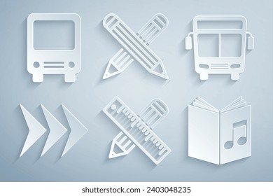 Set Crossed ruler and pencil, Bus, Arrow, Audio book,  and  icon. Vector