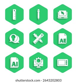 Set Crossed ruler and pencil, Computer monitor gear, Graphic tablet, AE file document, AI, Light bulb with concept of idea, Laptop cursor and Ruler icon. Vector