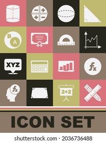 Set Crossed ruler and pencil, Function mathematical symbol, Graph, schedule, chart, diagram, Geometric figure Sphere, Certificate template, Subsets, math, is subset of,  and Protractor icon. Vector