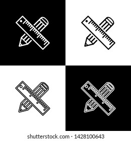 Set Crossed ruler and pencil icon isolated on black and white background. Straightedge symbol. Drawing and educational tools.  Vector Illustration