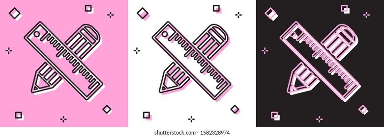 Set Crossed ruler and pencil icon isolated on pink and white, black background. Straightedge symbol. Drawing and educational tools.  Vector Illustration