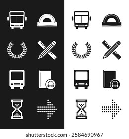 Set Crossed ruler and pencil, Laurel wreath, Bus, Protractor grid, Audio book, Dots arrow and Hourglass pixel icon. Vector