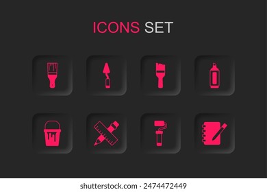 Set Crossed ruler and pencil, Palette knife, Paint brush, roller, Marker, Notebook,  and bucket icon. Vector