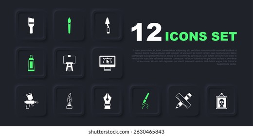 Set Crossed ruler and pencil, Picture, Wood easel, Paint brush, Tube with paint palette, Feather inkwell,  and Fountain nib icon. Vector