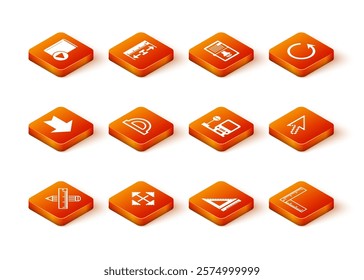 Set Crossed ruler and pencil, Pixel arrows in four directions, Arrow, Protractor grid, Triangular, Bus stop, Folding and cursor icon. Vector