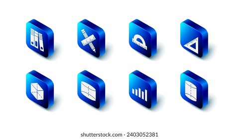 Set Crossed ruler and pencil, Protractor, Triangular, Geometric figure, Graph, schedule, chart, diagram, Cylinder, Cube and Office folders icon. Vector