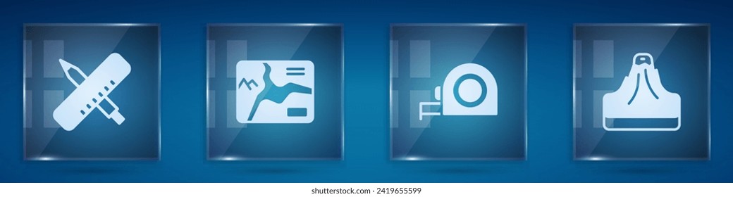Set Crossed ruler and pencil, Topographic map, Roulette construction and Volcano. Square glass panels. Vector