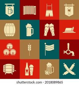 Set Crossed sausage, Beer tap, Oktoberfest hat, Lederhosen, Glass of beer, Wooden barrel, Street signboard with glass and  icon. Vector