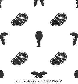 Set Crossed sausage, Chicken leg and Steak meat on seamless pattern. Vector