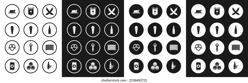 Set Crossed sausage, Glass of beer, Oktoberfest hat, Beer bottle, Street signboard with glass, Musical instrument accordion and Pretzel icon. Vector