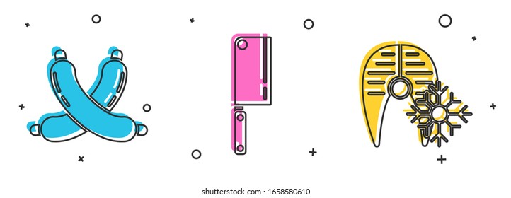 Set Crossed sausage, Meat chopper and Fresh frozen fish steak icon. Vector
