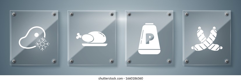 Ponga salchicha cruzada, Pepper, pavo asado o pollo y carne fresca congelada. Paneles de vidrio cuadrado. Vector