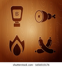 Set Crossed sausage, Sauce bottle, Fire flame and Chicken leg on wooden background. Vector