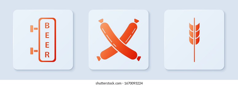 Set Crossed sausage, Street signboard with inscription Beer and Cereals set with rice, wheat, corn, oats, rye, barley. White square button. Vector