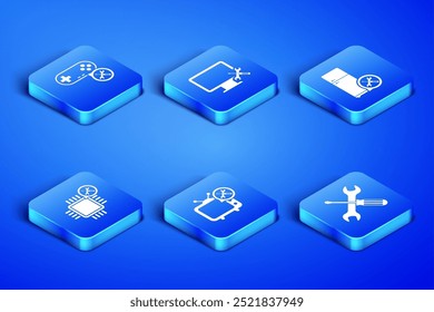 Juego de destornillador cruzado y llave, servicio Gamepad, TV, procesador, monitor de computadora e icono de refrigerador. Vector