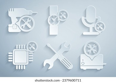 Set Crossed screwdriver and wrench, Microphone service, Processor, Toaster, Wrist watch and Drill machine icon. Vector