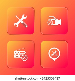 Set Crossed screwdriver and wrench, Video camera service, Radio and Location icon. Vector