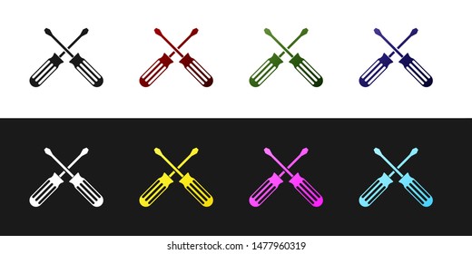 Set Crossed screwdrivers icon isolated on black and white background. Service tool symbol.  Vector Illustration