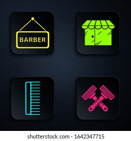 Set Crossed shaving razor, Barbershop, Hairbrush and Barbershop building. Black square button. Vector