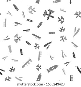 Set Crossed shaving razor, Electrical hair clipper or shaver, Straight razor and Hairbrush on seamless pattern. Vector