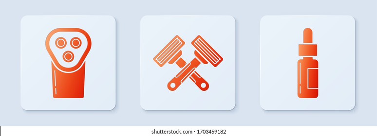 Coloque una cuchilla de afeitado cruzada, un capilar eléctrico o un afeitador y una botella de vidrio con una pipeta. Botón cuadrado blanco. Vector