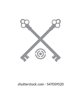 A Set Of Crossed Skeleton Keys With An Abstract Circular Icon Underneath Representing Online Cyber Security.