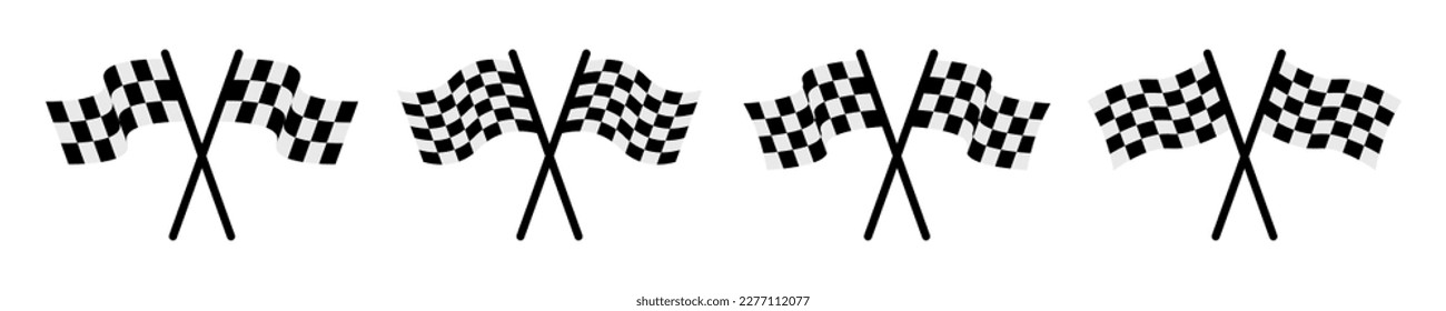 Set of crossed start or finish flag vector icons. Black and white checkered flag. Auto sport.