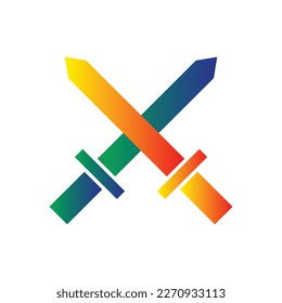 Satz von gekreuztem Schwertwaffenlogo, Symbol einzeln auf weißem Hintergrund. Waffen, Schwert, Kreuz, Kreuz, Klinge, Messer, Mini-Schwert, Spiel, Angriff, Duell, Kampf, Schutz, Clipkunst, Aufkleber, Vektorgrafik