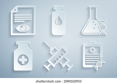 Set Crossed syringe, DNA research, search, Medicine bottle, Clipboard with analysis, Medical vial, ampoule and Paper page eye icon. Vector