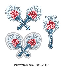 Set of crossed torches in engraving line style isolated red and blue color on white 