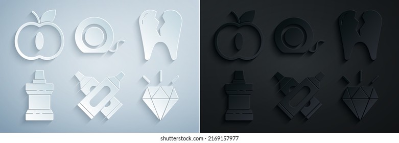 Set Tubo cruzado de pasta dentífrica, botella de plástico rota, lavavajillas, dientes de diamante, hilo dental e icono de Apple. Vector