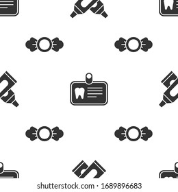 Set Crossed tube of toothpaste, Id card with tooth and Candy on seamless pattern. Vector