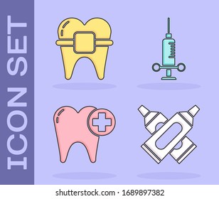 Set Crossed tube of toothpaste, Teeth with braces, Tooth and Dental medical syringe icon. Vector