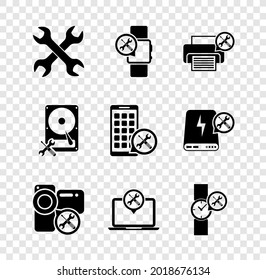 Set Crossed Wrenchs, Smart Watch Service, Drucker, Videokamera, Laptop, Handgelenk, Festplatte und Mobile Apps Symbol. Vektorgrafik