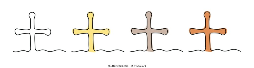 Set of crosses in Continuous one line drawing style isolated on white background. Includes black outline and colored versions. Line Art. Concept of religion, Easter, Christian symbol, spirituality