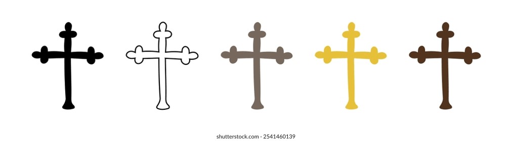 Conjunto de cruces aisladas sobre fondo blanco. Incluye silueta negra, contorno y versiones de colores. Concepto de símbolos religiosos, Pascua, arte espiritual, Elementos de diseño religiosos, minimalistas