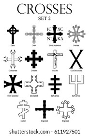 Set of crosses with names on white background. Size A4 - Vector image