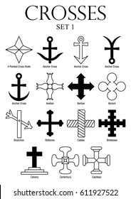 Set of crosses with names on white background. Size A4 - Vector image