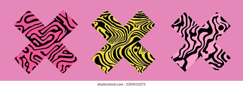 Set of crosses shapes with different organic patterns on a pink background.