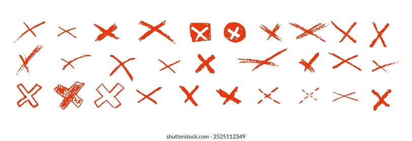 Set of crosses shapes. Red X handdrawn signs collection. No symbols for vote, quiz or survey. Simple choice icons. Cross doodle mark child handwritten. Vector illustration isolated on white bg.