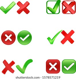 Set of crosses and ticks or check marks in red and green in different formats on white for design elements, vector illustration