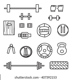 Set Of Crossfit Gym Equipment Line Icons Of Dumbbell, Gymnastics Grips ,dumbbells, Fitball, Jump Rope, Weight Lifting, Med Ball And Tire. Line Icon Set.  Cross Fit Training Tools.