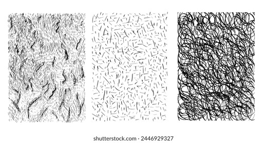 Set of crosshatch ink textures, haotic texture, round circle texture, fur texture.