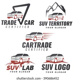 Set of crossover SUV car service logo templates. Automotive repair and service theme concept. Rental Car Logo Template Vector. Isolated modern suv front and side view. Off-road vehicle illustration.