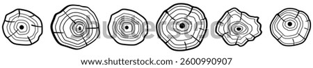Set of cross-sections of tree growth rings. background and saw cut tree trunk. Collection of tree stumps isolated. Natural cut wood. Ring pattern, wood texture. Vector design elements