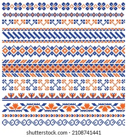 Set of cross-stitch borders, traditional Ukrainian style, blue and orange colors