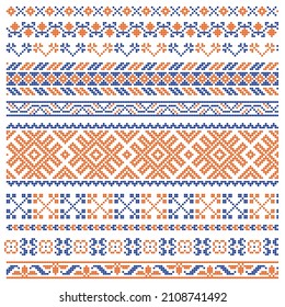 Set of cross-stitch borders, traditional Ukrainian style, blue and orange colors