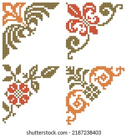 set of cross-stitched corners, floral design, green and orange color