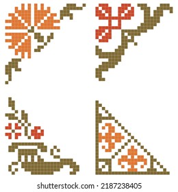 set of cross-stitched corners, floral design, green and orange color