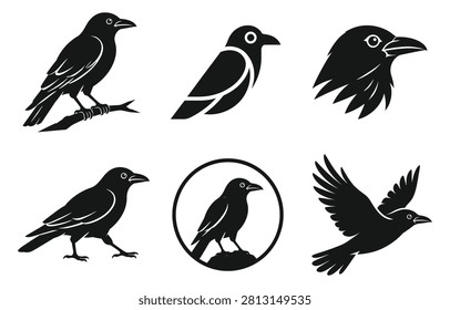 Set of crow bird vector illustrations for dark and mysterious brand logos